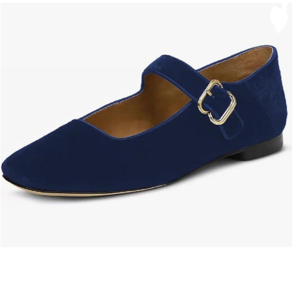 FYS Dark Blue Square Toe Low Heel Mary Jane Pump Buckled Dress Daily Shoes